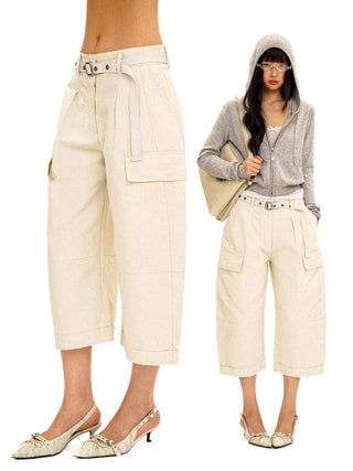 [Moromoro2] 3D Silhouette Belted Work Cropped  Pants