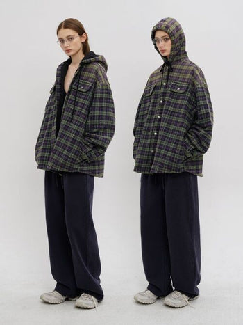[MASONPRINCE] Faded Plaid Padded Hooded Shirt Jacket