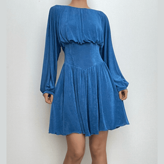 Button ruched corset solid long sleeve mini dress-final-sale