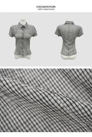 New York Shirring Short Sleeve Check Blouse BL - 2 Colors