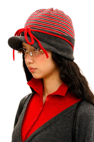[Moromoro2] Contrast Stripe Knit Bow Baseball  Cap