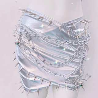 Metal chain halter rivet applique metallic mini skirt set