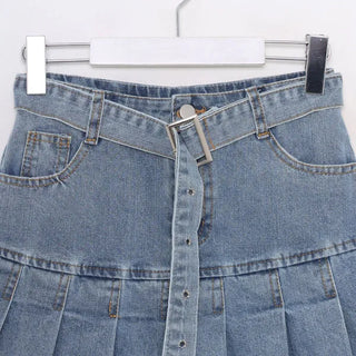 Belted denim pleated skirt