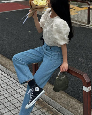 Wave puff ruffle sleeve blouse
