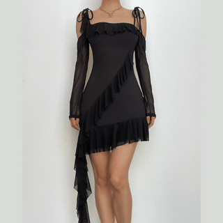 Ruffle self tie irregular off shoulder mesh long sleeve mini dress