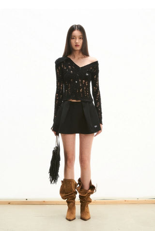 [NOTAWEAR] Asymmetric Off-shoulder Hollow  Cardigan