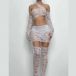 Hollow out one shoulder irregular long sleeve pant set