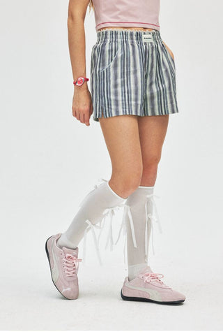 [Monterest] Lace Trim Striped Relaxed Shorts