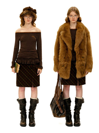 [Moromoro2] Double Bow Plaid Wool Blend  Skirt