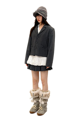 [Moromoro2] Furry Ball Patchwork Leather Boxing  Boots