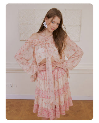 [NECY] Romance Floral Puff Chiffon Blouse