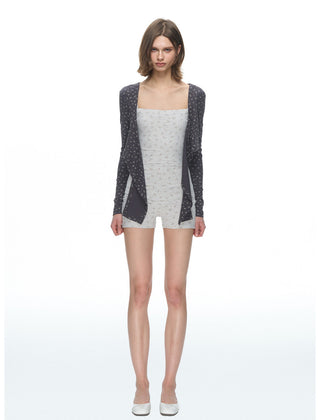[NECY] Fog Grey Floral Fake Knot Top & Suspender Jumpsuit