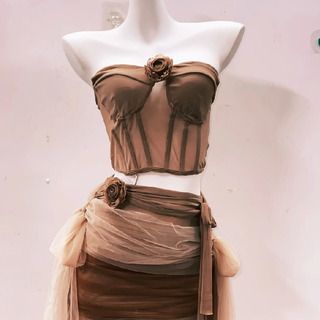 Flower applique ruched mesh knotted mini skirt set