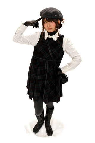 [Moromoro2] Wool Plaid Pleated Bow Vest  Dress