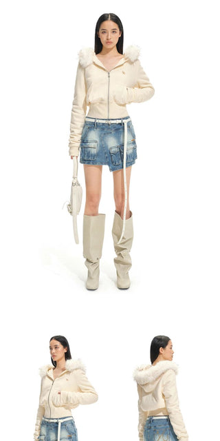[NOTAWEAR] Fur Collar Hooded Zip-Up  Sweatshirt
