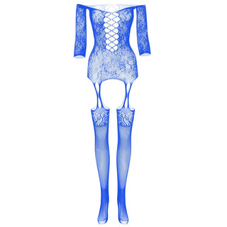 Long sleeve off shoulder lace fishnet strappy bodystocking