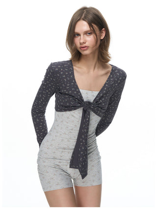 [NECY] Fog Grey Floral Fake Knot Top & Suspender Jumpsuit