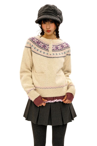 [Moromoro2] Pearl Snowflake Fair Isle Knit  Sweater