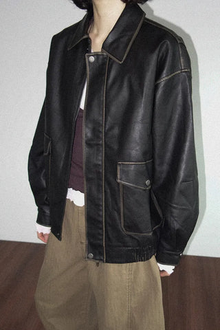 Washed leather oversized blouson