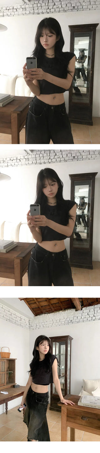 KARINA Front and back damage Faded unique black Black Denim pants