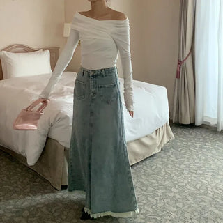 Shirred Asymmetrical Off-Shoulder Long T-Shirt