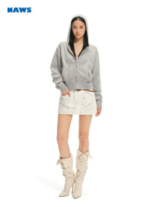 [NOTAWEAR] Rhinestone Hooded Zip-Up Knit  Cardigan