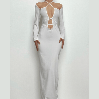 Hollow out self tie solid long sleeve cross front cut out maxi dress