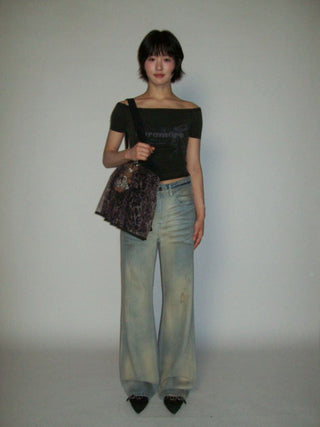 [Moromoro2] Washed Pleated Wide Leg Jeans