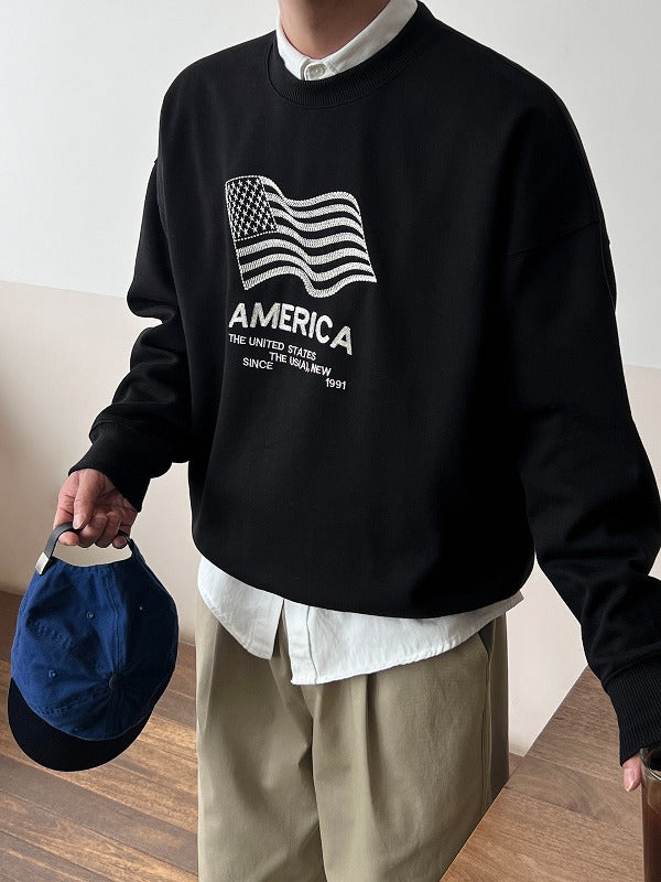 American Flag Embroidered Double-Layered Sweatshirt
