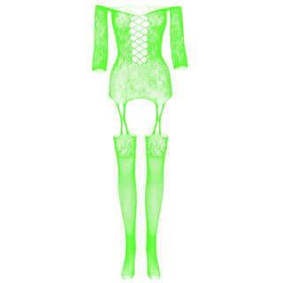Long sleeve off shoulder lace fishnet strappy bodystocking