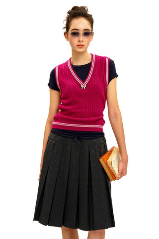 [Moromoro2] Cable Knit Bow Detail V-Neck  Vest