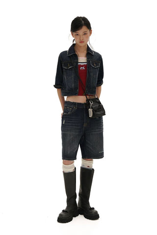 [Moromoro2] Washed Cat Whisker Distressed Wide Leg  Jeans