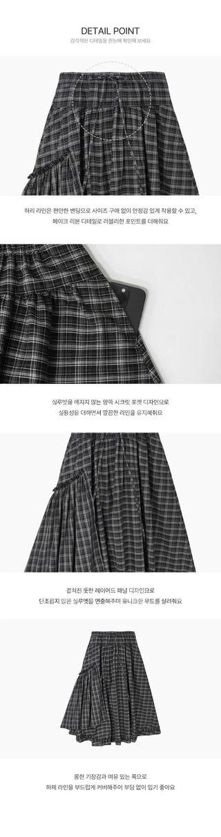 Roeun Vintage Frill Long Check Skirt