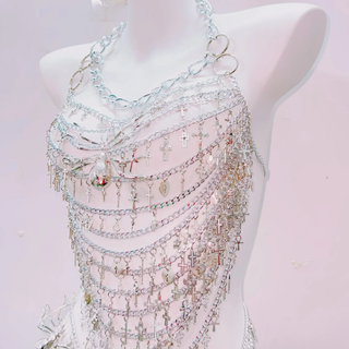 Metal chain hollow out spider applique mini skirt set