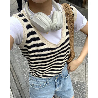 Striped perforated knit vest