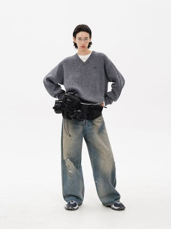 [MASONPRINCE] Double-Sided Jacquard V-Neck Wool Blend Sweater