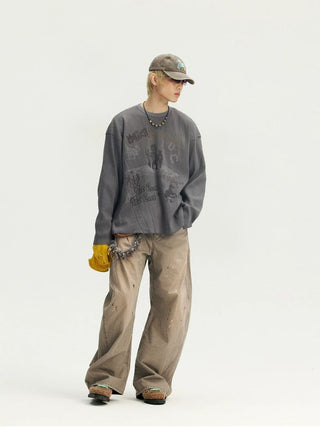 [Monterest] Waffle Weave Washed Print Long Sleeve Tee