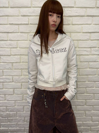 [NeverSeez] Cropped Raw Edge Hooded Zip-Up