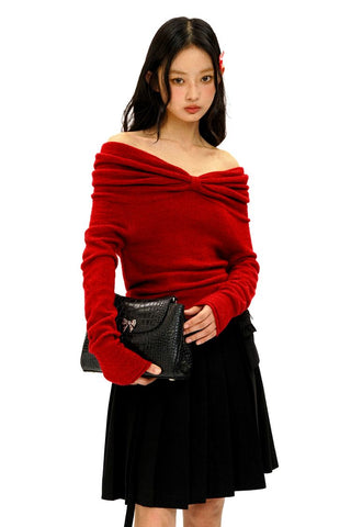 [Moromoro2] Bow Pleated Off-shoulder Knit  Sweater