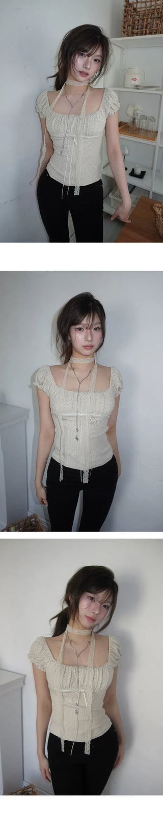 Deep Square Dot Short Sleeve Blouse - 3 Colors