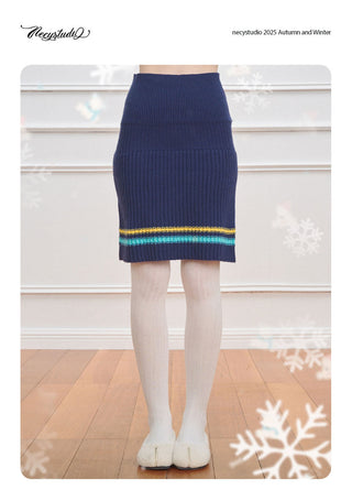 [NECY] Color Block Stripe Knit Skirt