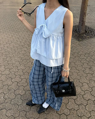 Checked String Point Banding Wide Pants