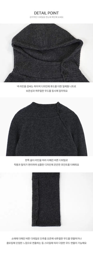 Curling Button Hood Button Knitwear Ribbed Hoodie - 4 colors