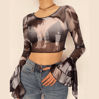 Round neck sheer mesh print long sleeve crop top