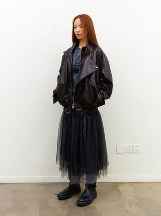 [NeverSeez] Stand Collar Asymmetrical PU Leather Jacket