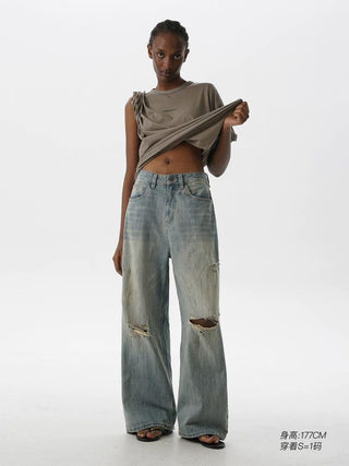 [MASONPRINCE] Washed Distressed Wide Leg Jeans