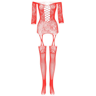 Long sleeve off shoulder lace fishnet strappy bodystocking