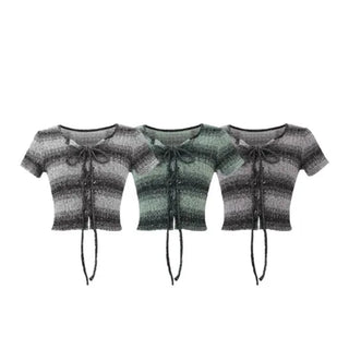 Ribbon Short-Sleeve Cardigan Knit T-Shirt