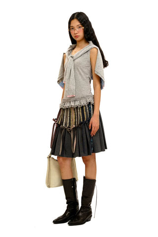 [Moromoro2] Lace Trim Plaid Patchwork Pleated  Skirt