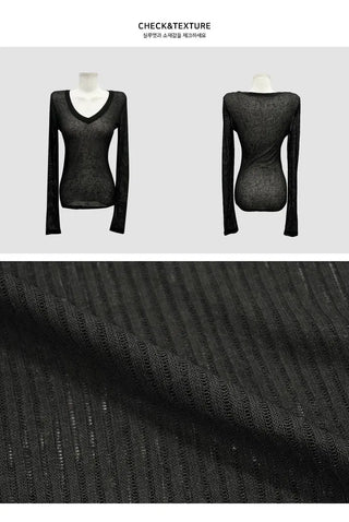 Deep V See-Through Long Sleeve Summer Knitwear - 3 Colors